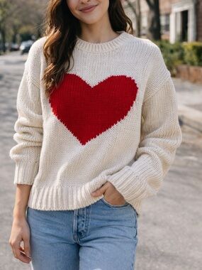 Le Lis Cream Knit Crewneck Sweater with Red Heart Medium